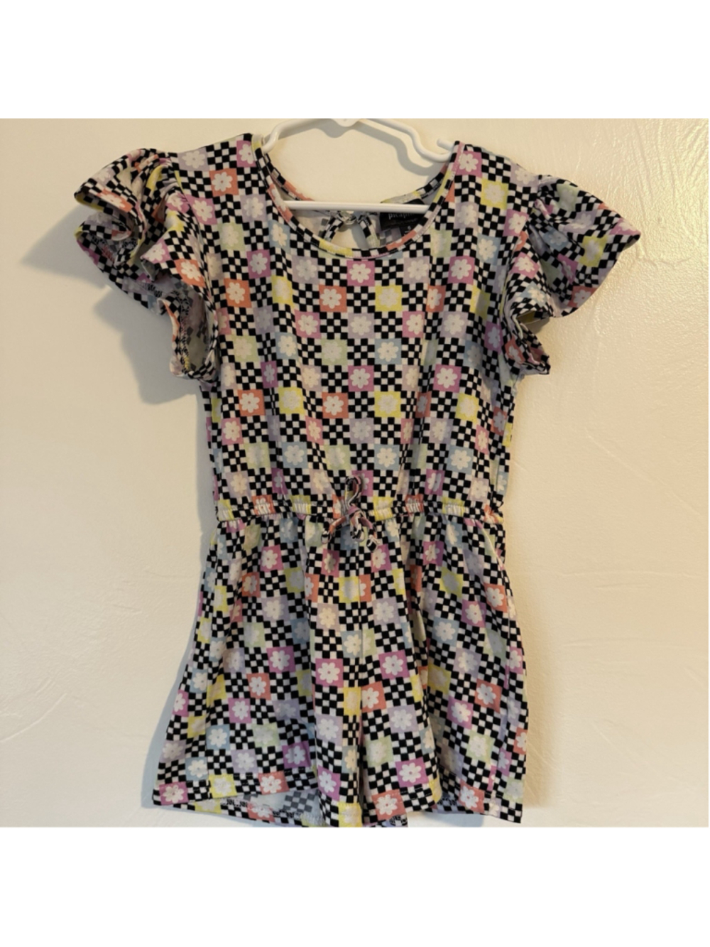 Girls Y2K Vibes Picapino Shorts Romper Black & White Checked With Flowers Size 6